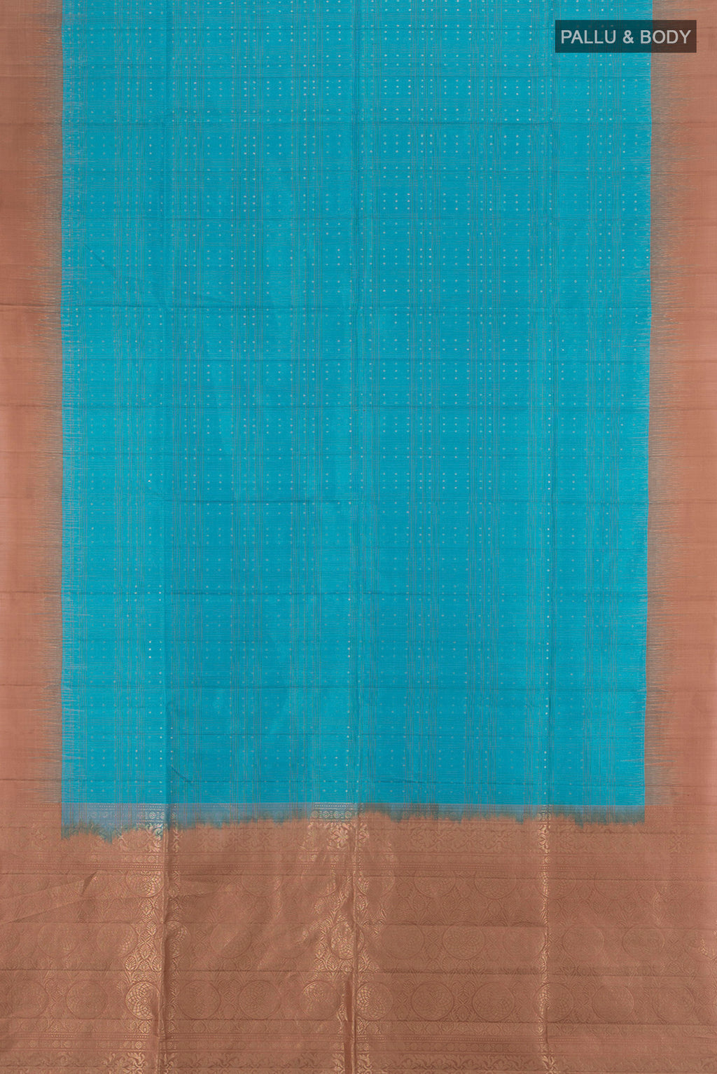 Flat view of Light Blue Soft Silk Saree with Zari Butta on the body and Plain Border. 
