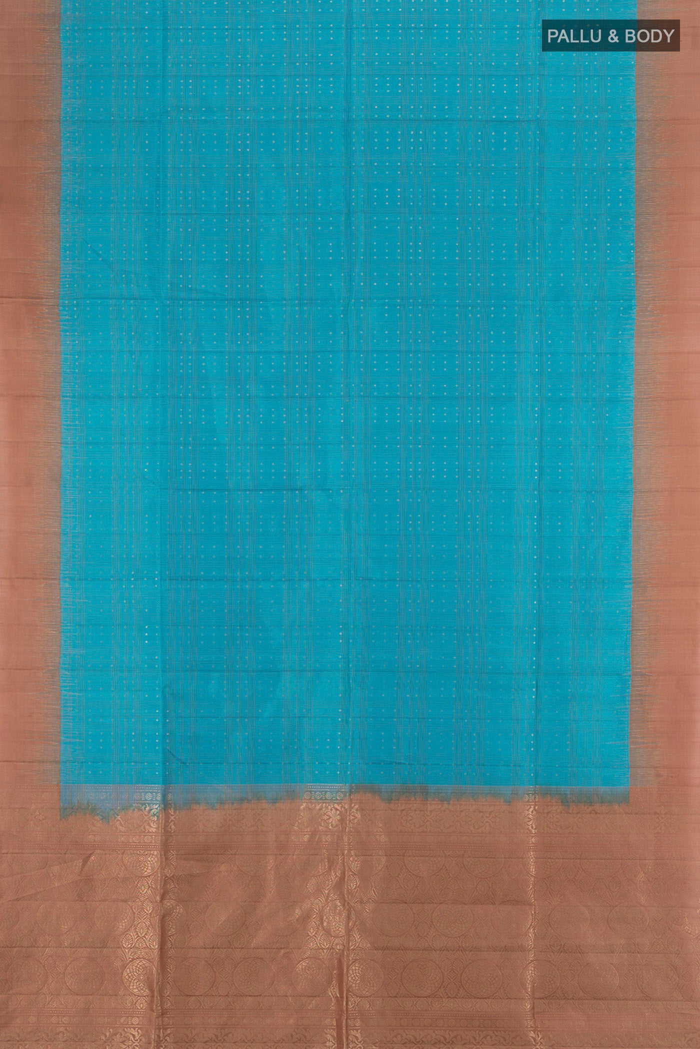 Flat view of Light Blue Soft Silk Saree with Zari Butta on the body and Plain Border. 