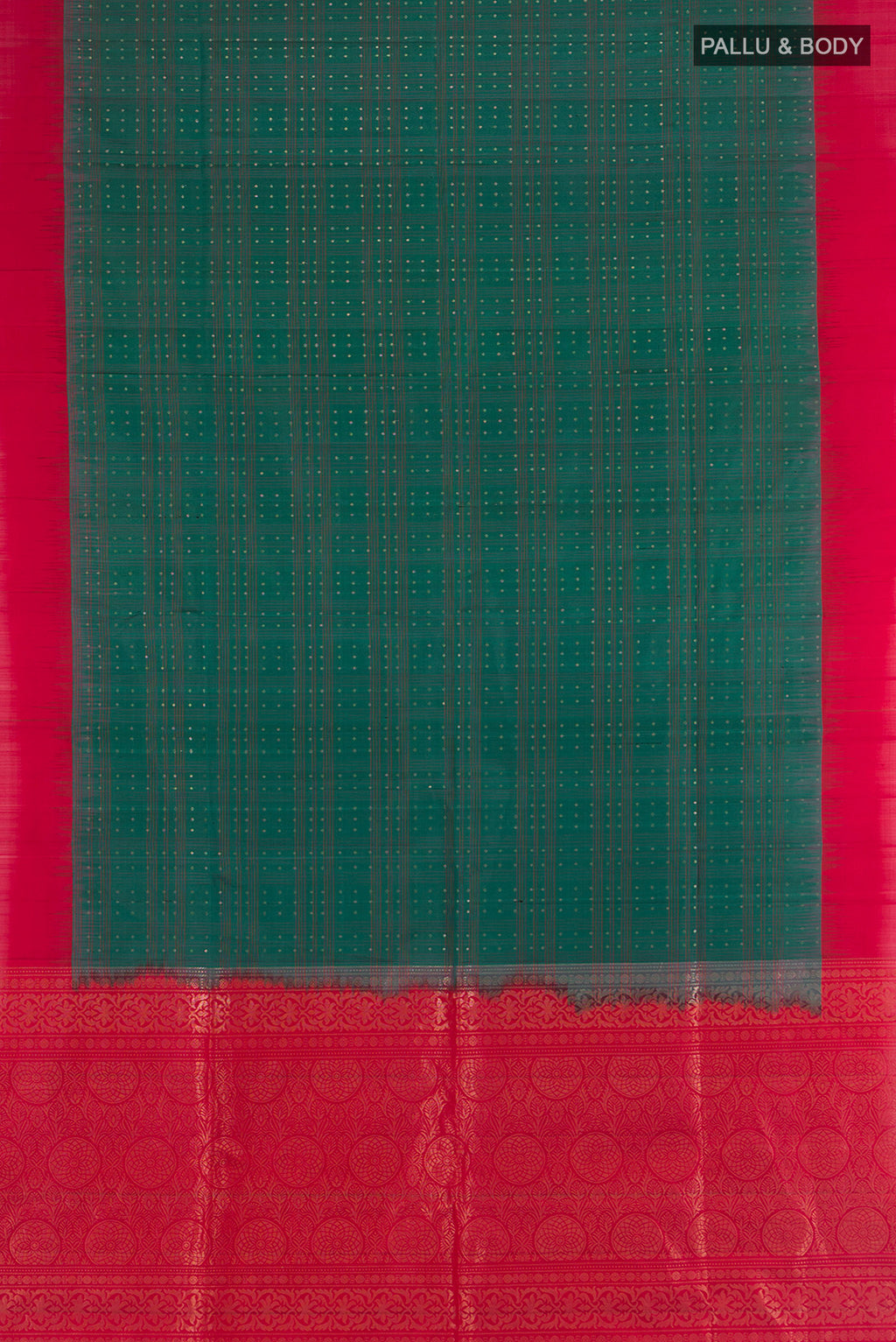 Flat view of Peacock Blue Soft Silk Saree with Zari Butta on the body and Silk Border. 