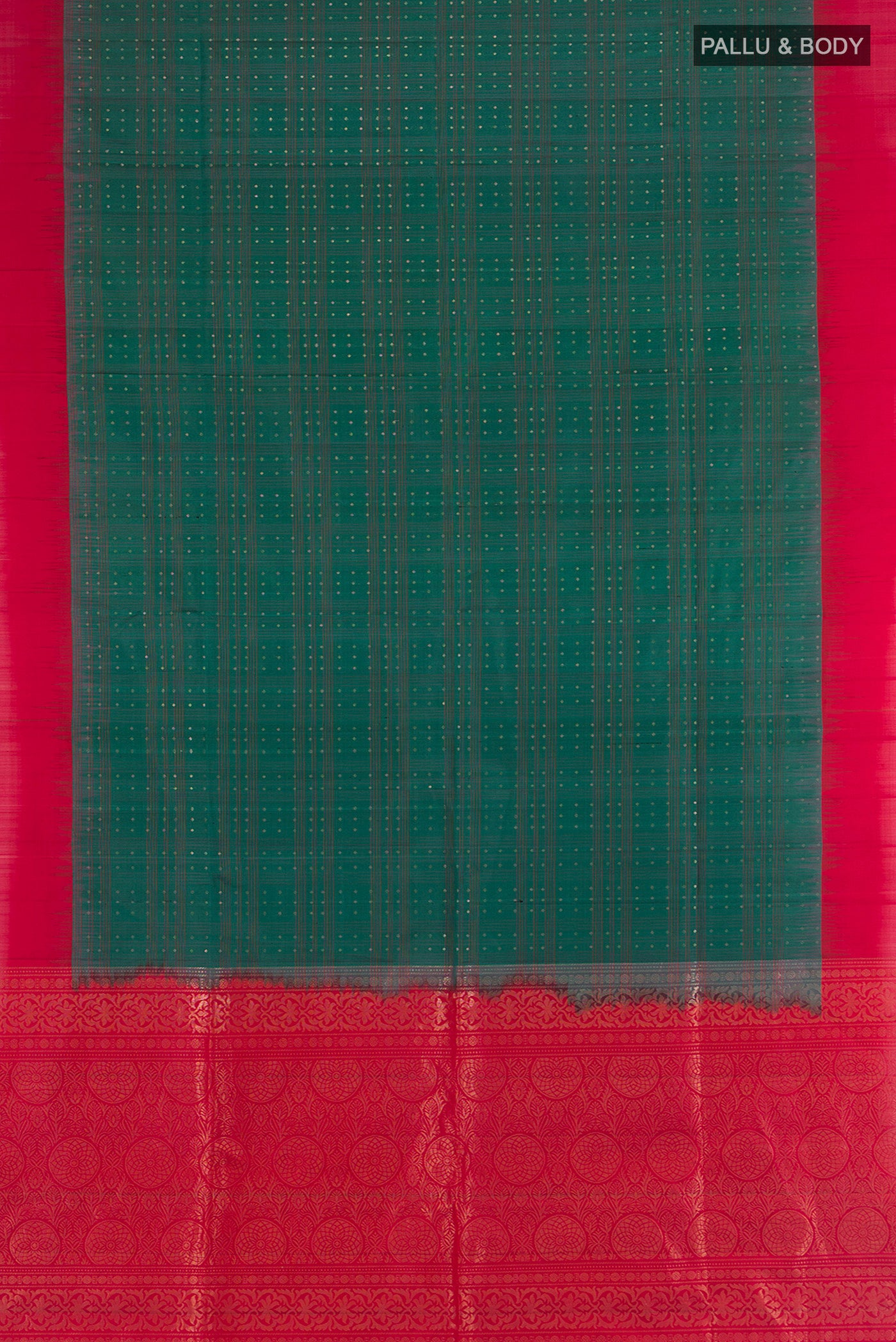 Flat view of Peacock Blue Soft Silk Saree with Zari Butta on the body and Silk Border. 