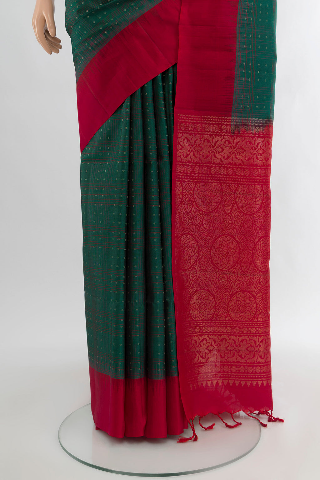 Pleats and pallu of Peacock Blue Soft Silk Saree with Zari Butta on the body and Silk Border. 