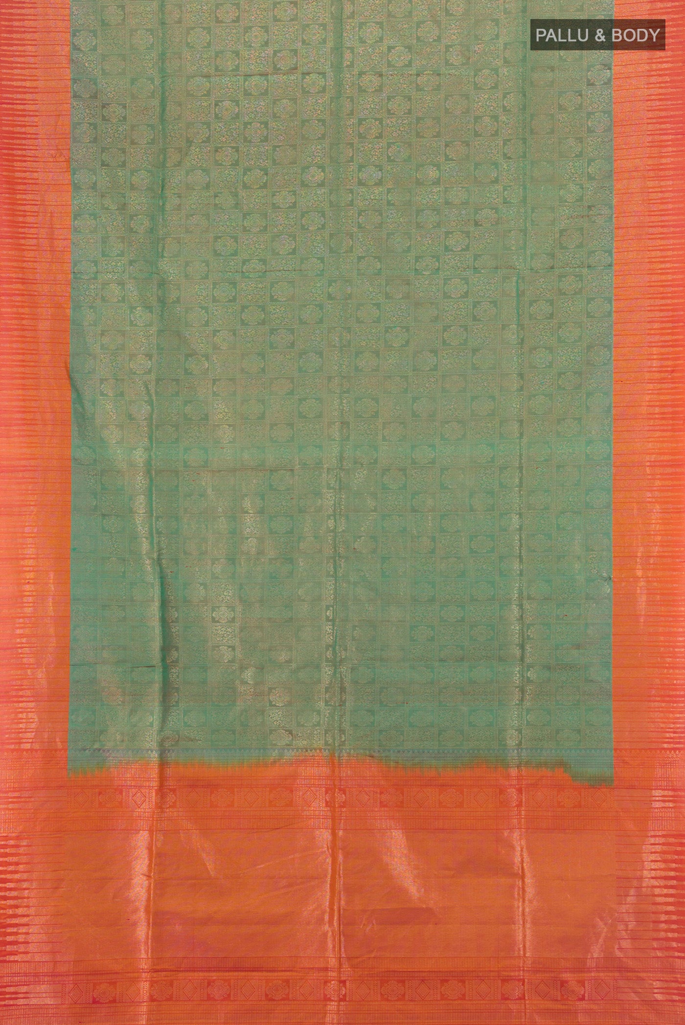 Flat view of Multi Color Soft Silk Saree with Zari Butta on the body and Zari Border. 