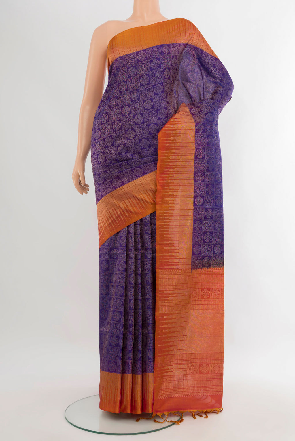 Violet Soft Silk Saree with Zari Brocade on the body and Zari Border.  displayed on a mannequin