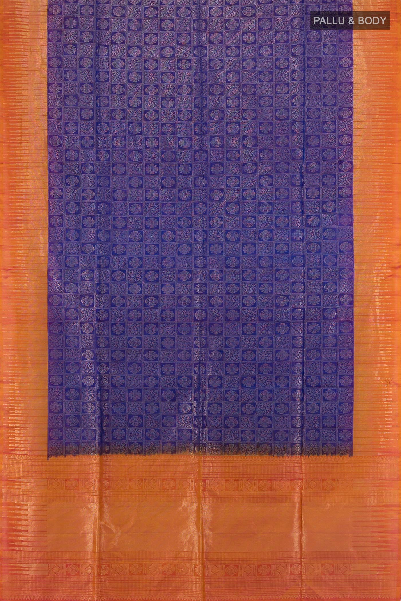 Flat view of Violet Soft Silk Saree with Zari Brocade on the body and Zari Border. 
