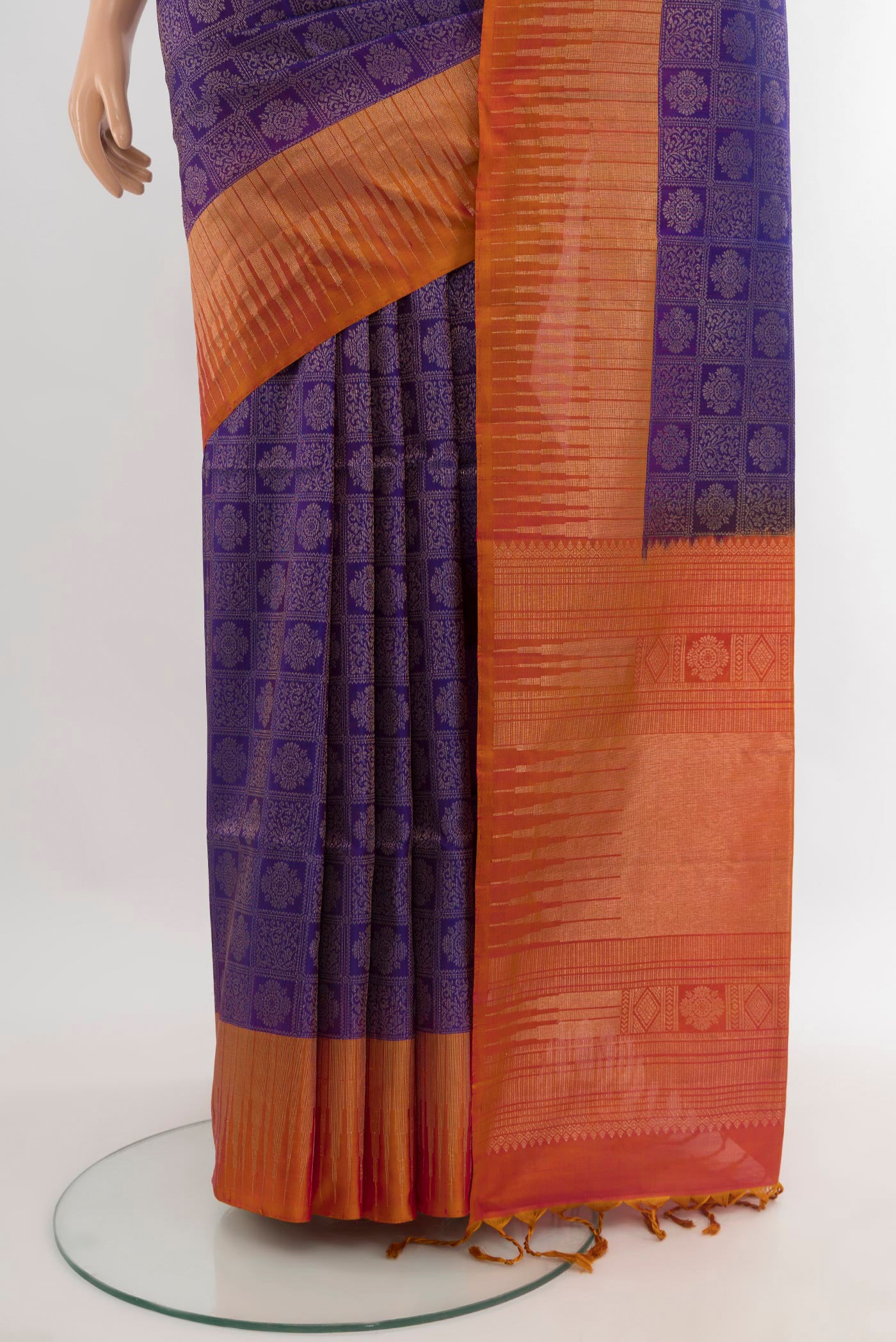 Pleats and pallu of Violet Soft Silk Saree with Zari Brocade on the body and Zari Border. 