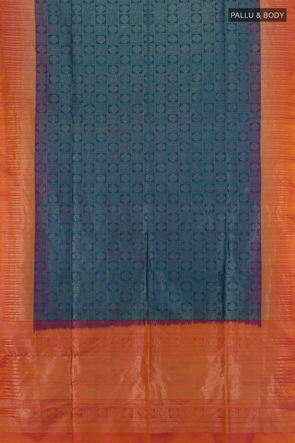 Flat view of Peacock Blue Soft Silk Saree with Zari Brocade on the body and Zari Border. 