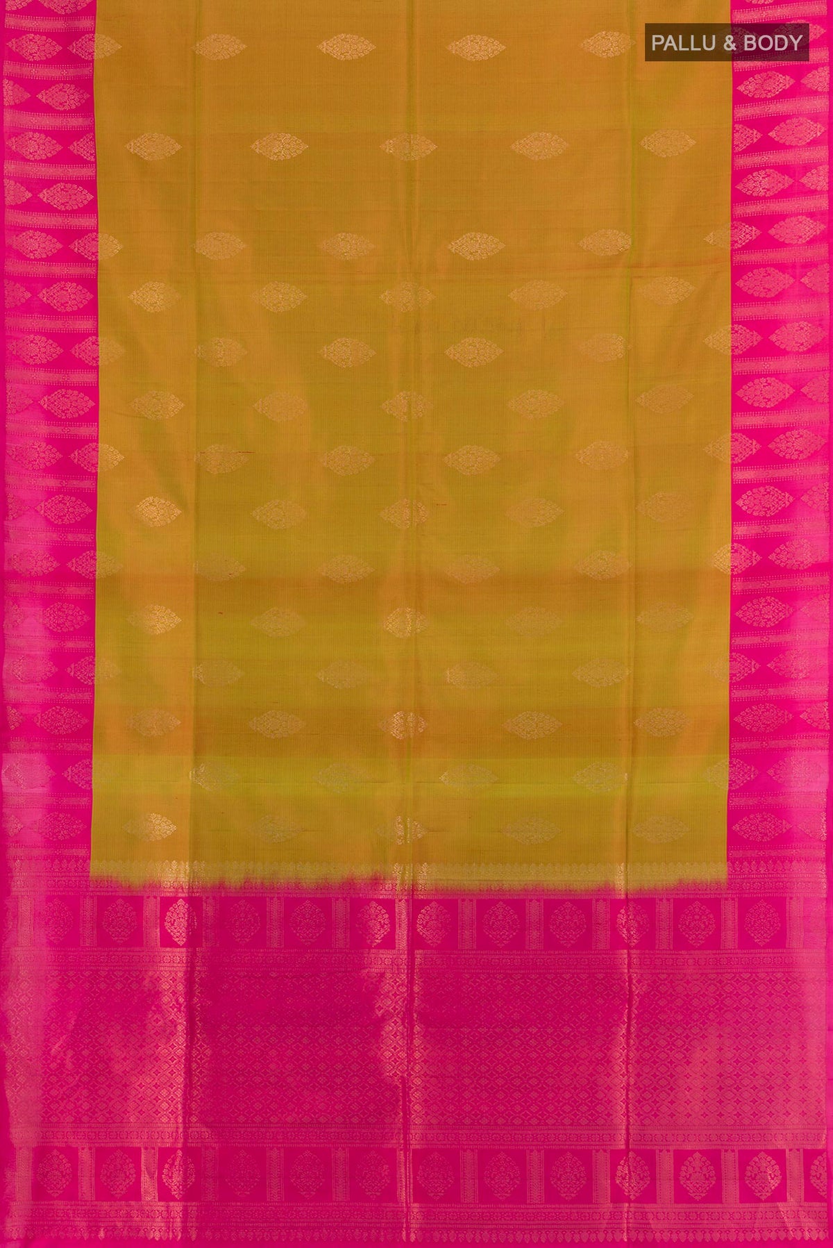 Flat view of Pure Silk Mehandi Green Dual Tone Soft Saree with Zari Butta on the body and Fancy Border. 