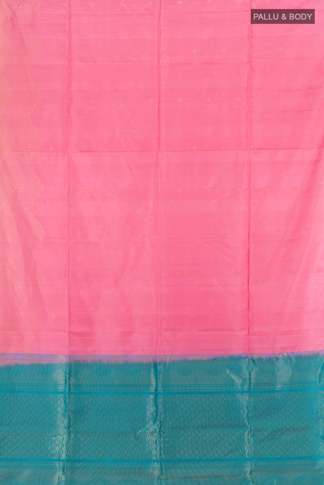 Flat view of Pure Silk Pure Zari Rose pink Soft Saree with Zari Butta on the body and Silk Border. 