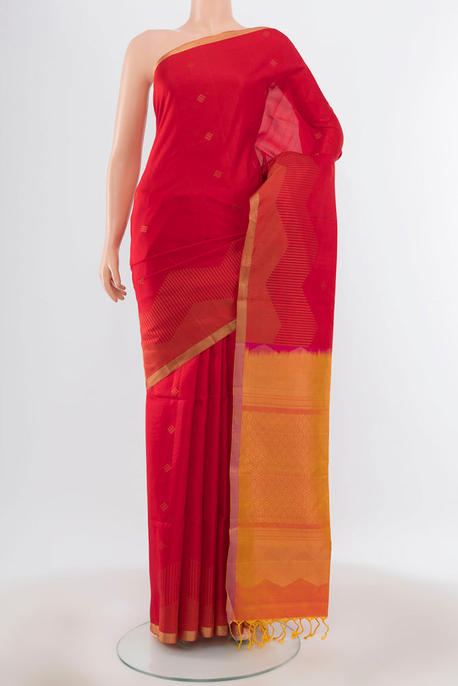 Pure Silk Pure Zari Red Soft Saree with Zari Butta on the body and Silk Border.  displayed on a mannequin