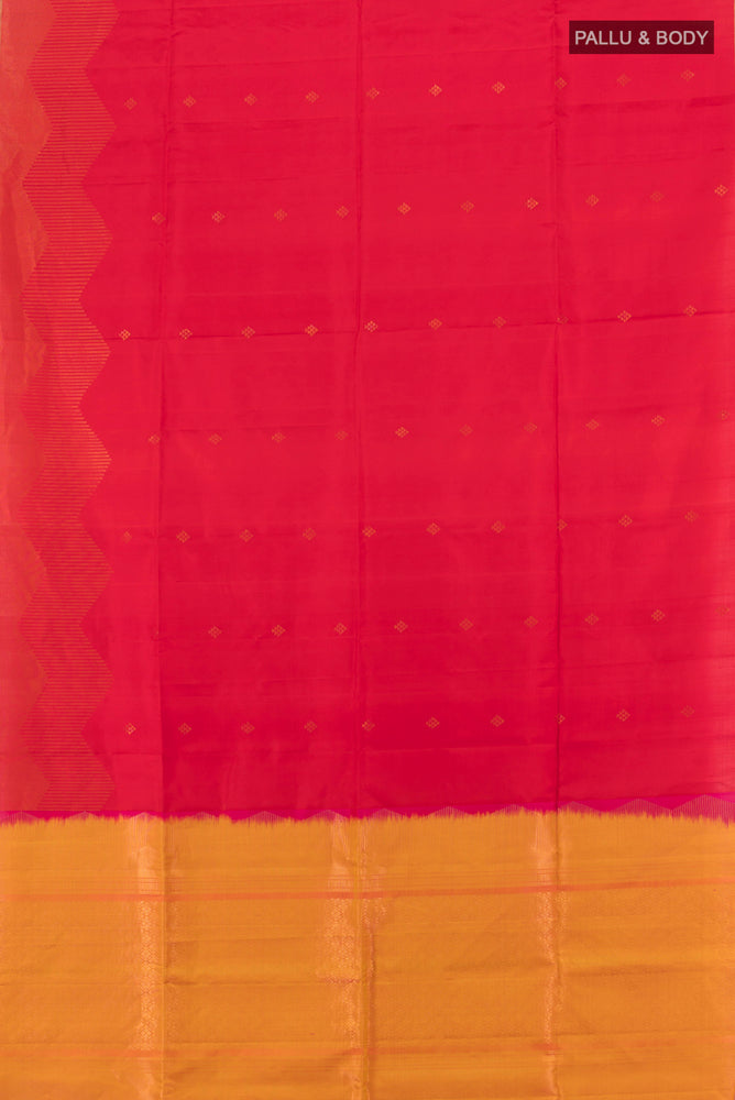 Flat view of Pure Silk Pure Zari Red Soft Saree with Zari Butta on the body and Silk Border. 