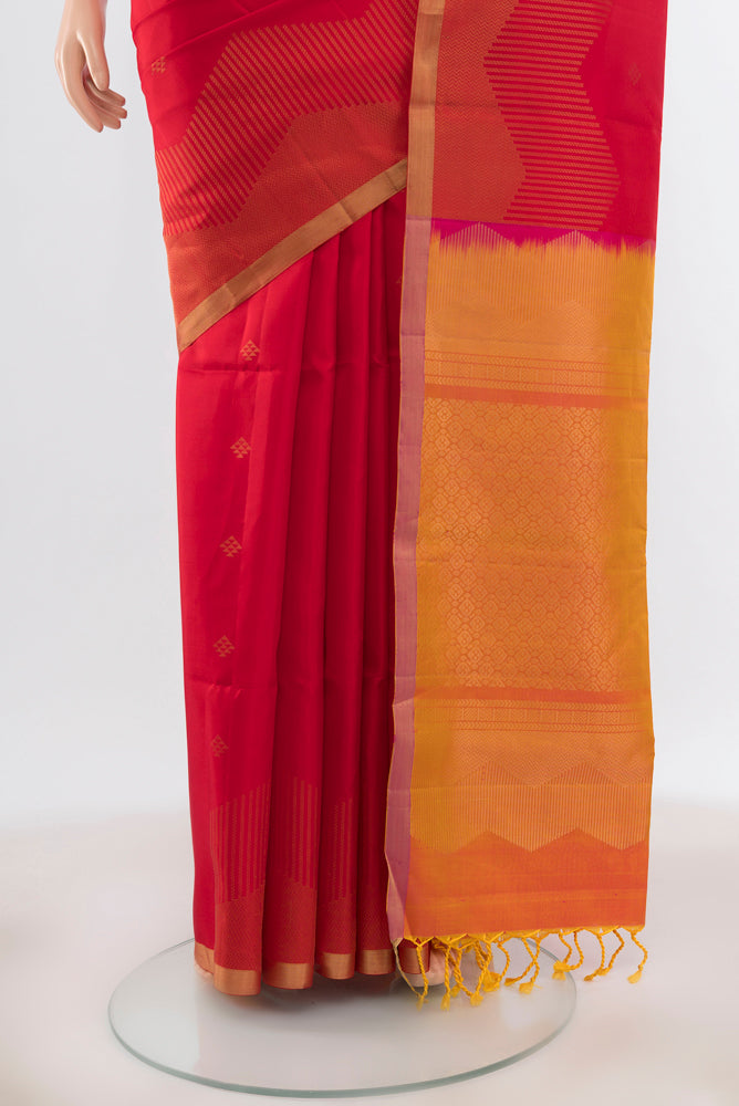 Pleats and pallu of Pure Silk Pure Zari Red Soft Saree with Zari Butta on the body and Silk Border. 