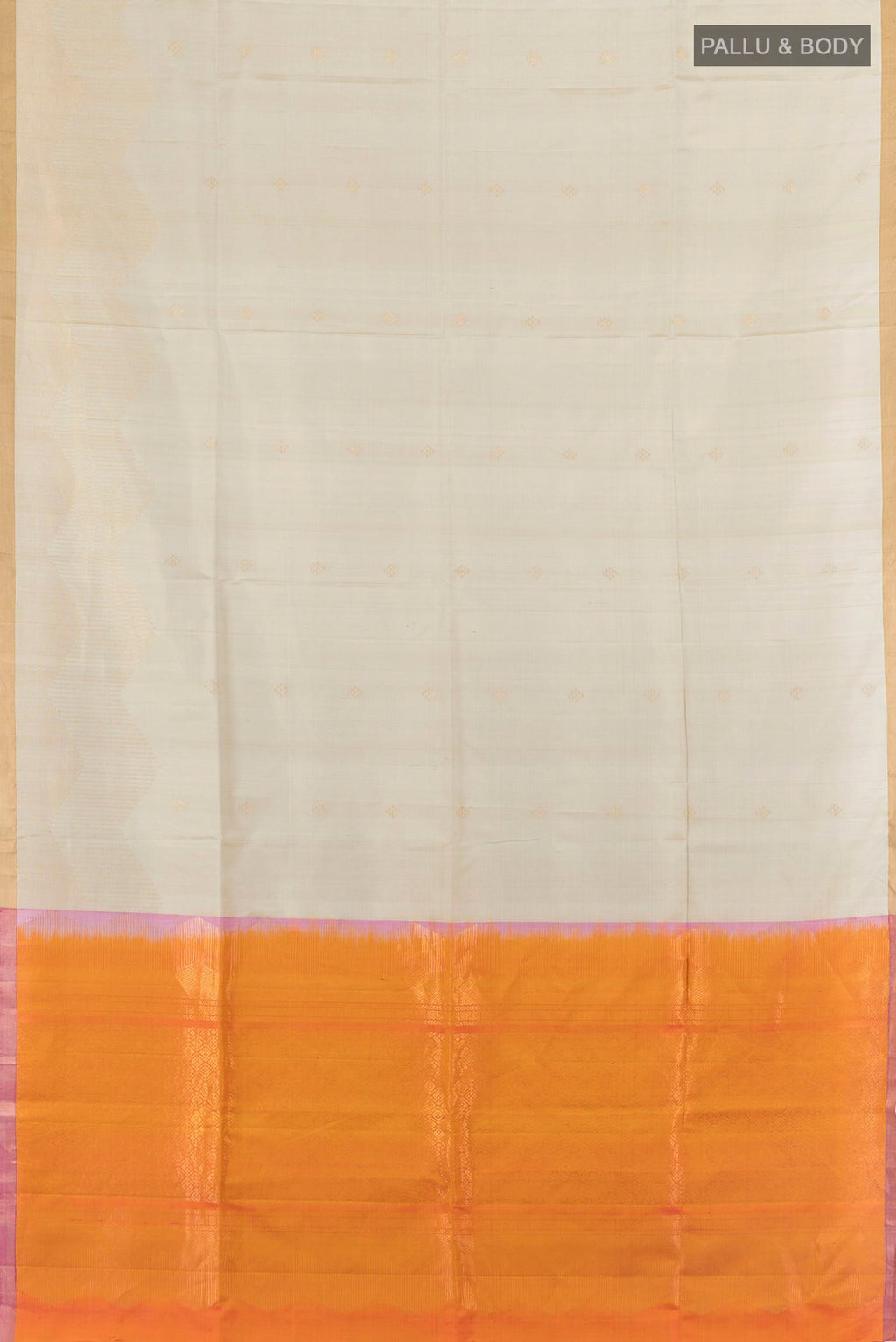Flat view of Pure Silk Beige Soft Saree with Zari Butta on the body and Zari Border. 