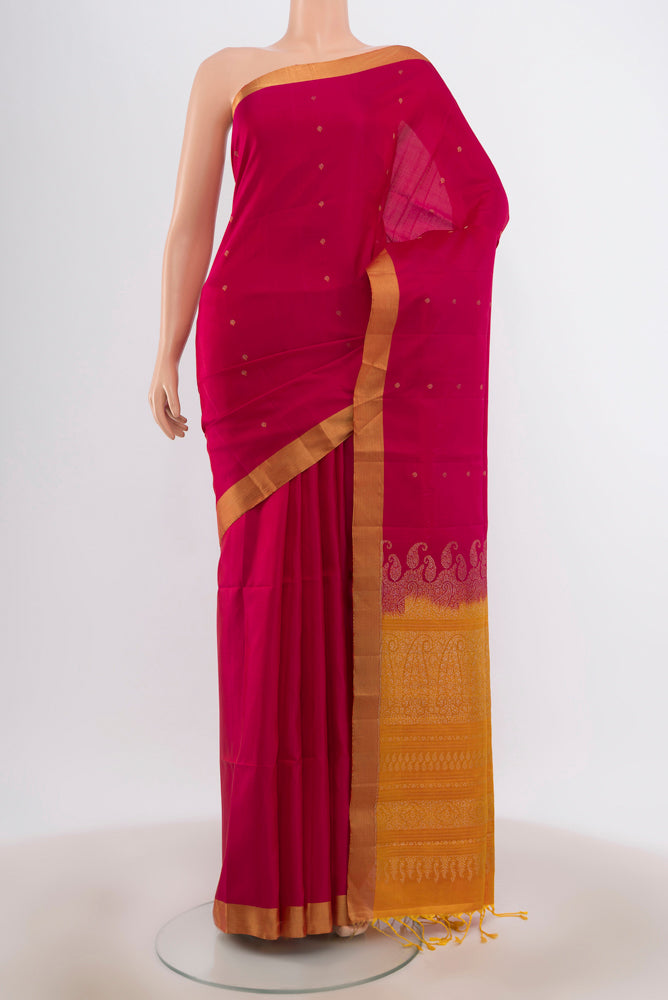 Dark Pink Soft Silk Saree with Zari Butta on the body and Silk Border.  displayed on a mannequin