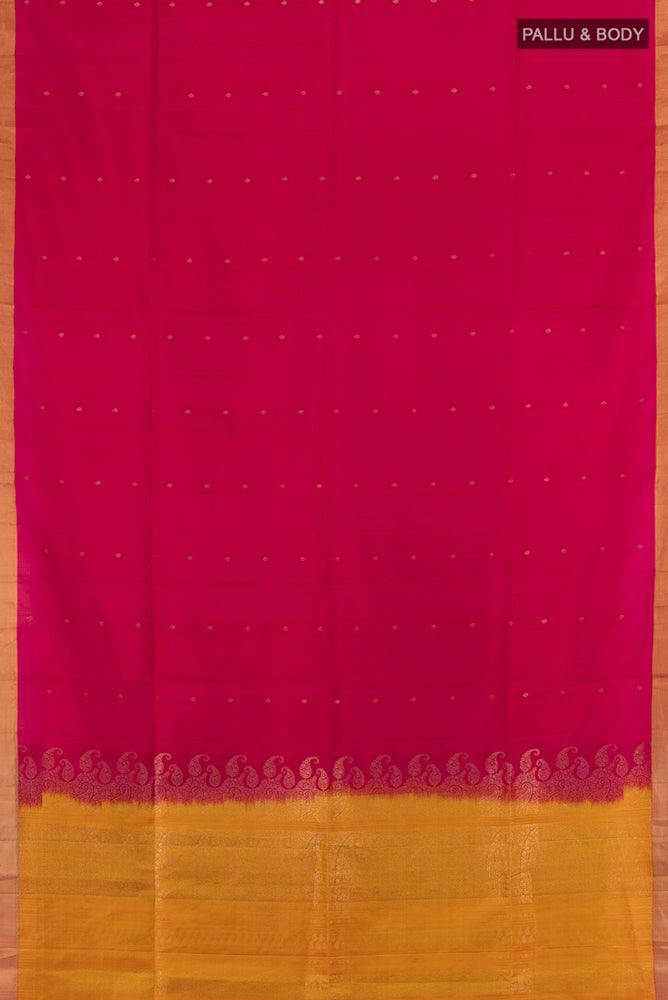 Flat view of Dark Pink Soft Silk Saree with Zari Butta on the body and Silk Border. 