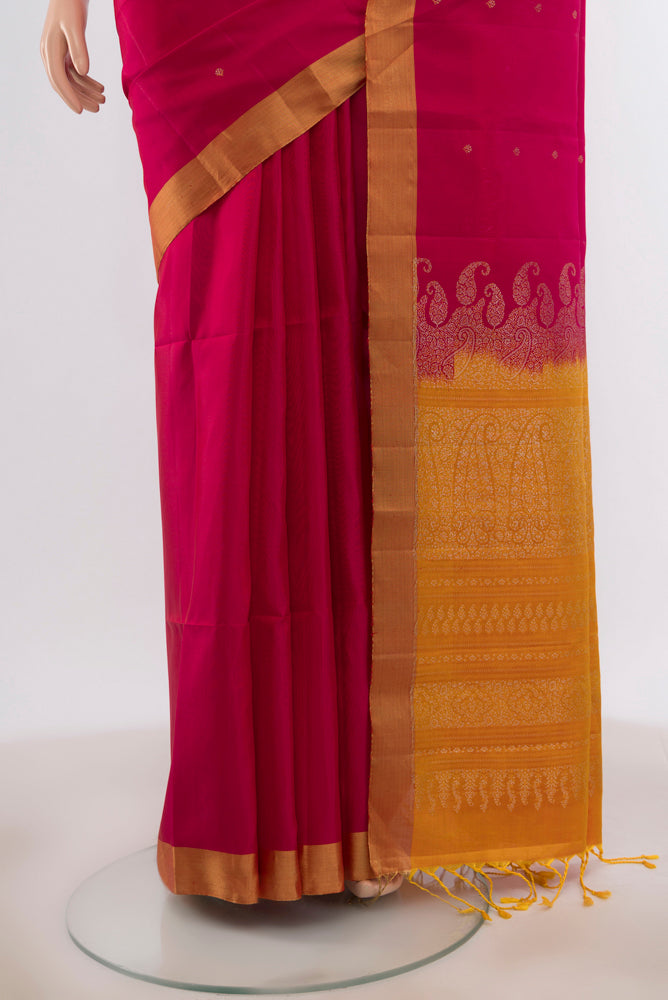 Pleats and pallu of Dark Pink Soft Silk Saree with Zari Butta on the body and Silk Border. 