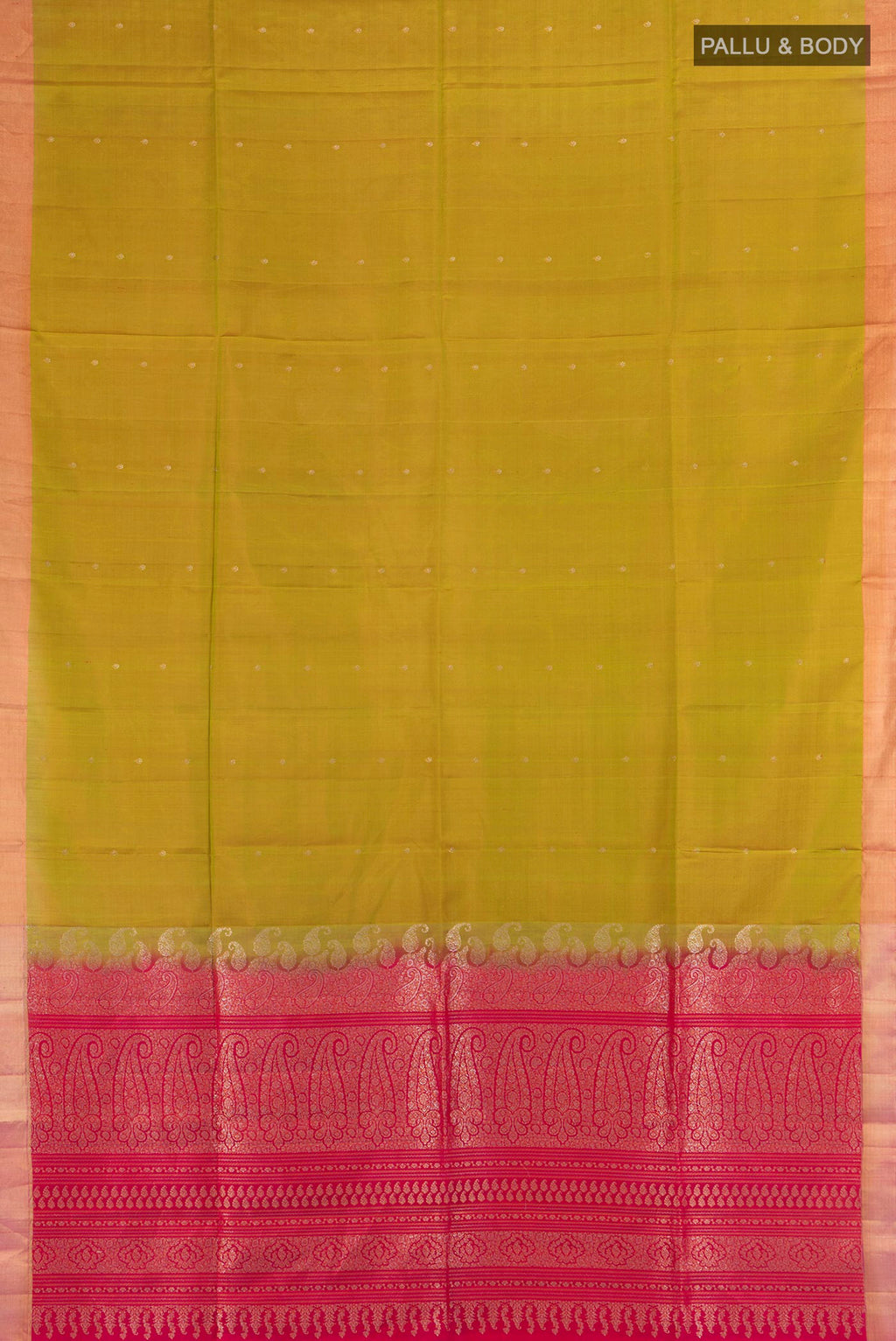 Flat view of Mehandi Green Soft Silk Saree with Zari Butta on the body and Zari Border. 