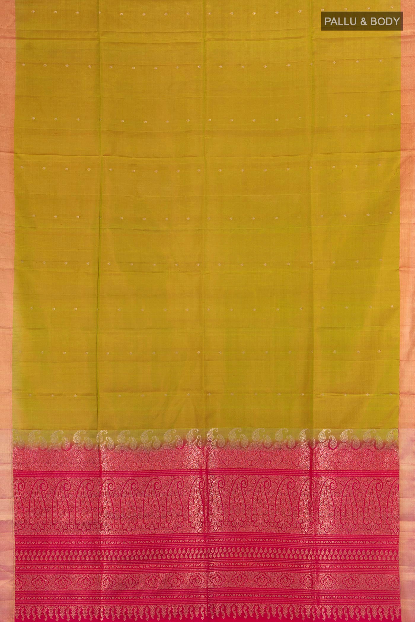 Flat view of Mehandi Green Soft Silk Saree with Zari Butta on the body and Zari Border. 