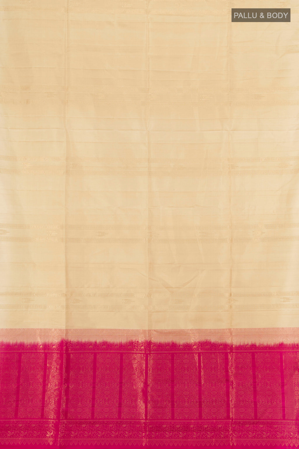 Flat view of Dark Beige Soft Silk Saree with Zari Butta on the body and Zari Border. 