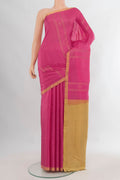 Pure Silk Pink Soft Saree with Stripes on the body and Zari Border.  displayed on a mannequin