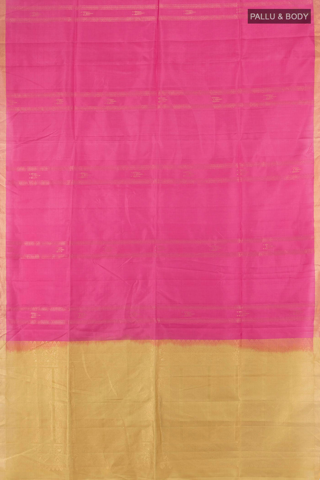 Flat view of Pure Silk Pink Soft Saree with Stripes on the body and Zari Border. 