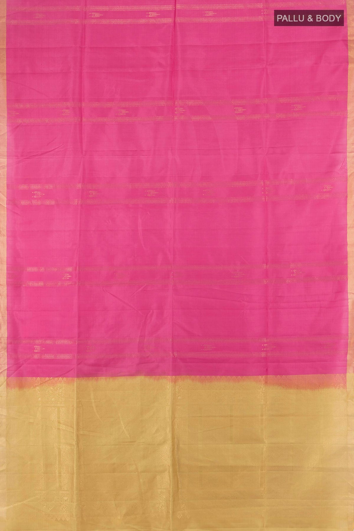 Flat view of Pure Silk Pink Soft Saree with Stripes on the body and Zari Border. 