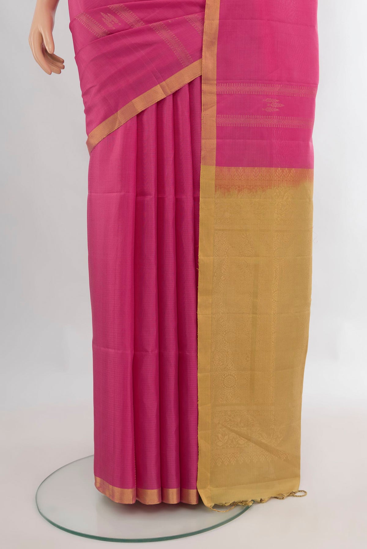 Pleats and pallu of Pure Silk Pink Soft Saree with Stripes on the body and Zari Border. 