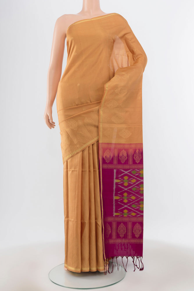 Pure Silk Pure Zari Dark Beige Soft Saree with Zari Butta on the body and Silk Border.  displayed on a mannequin