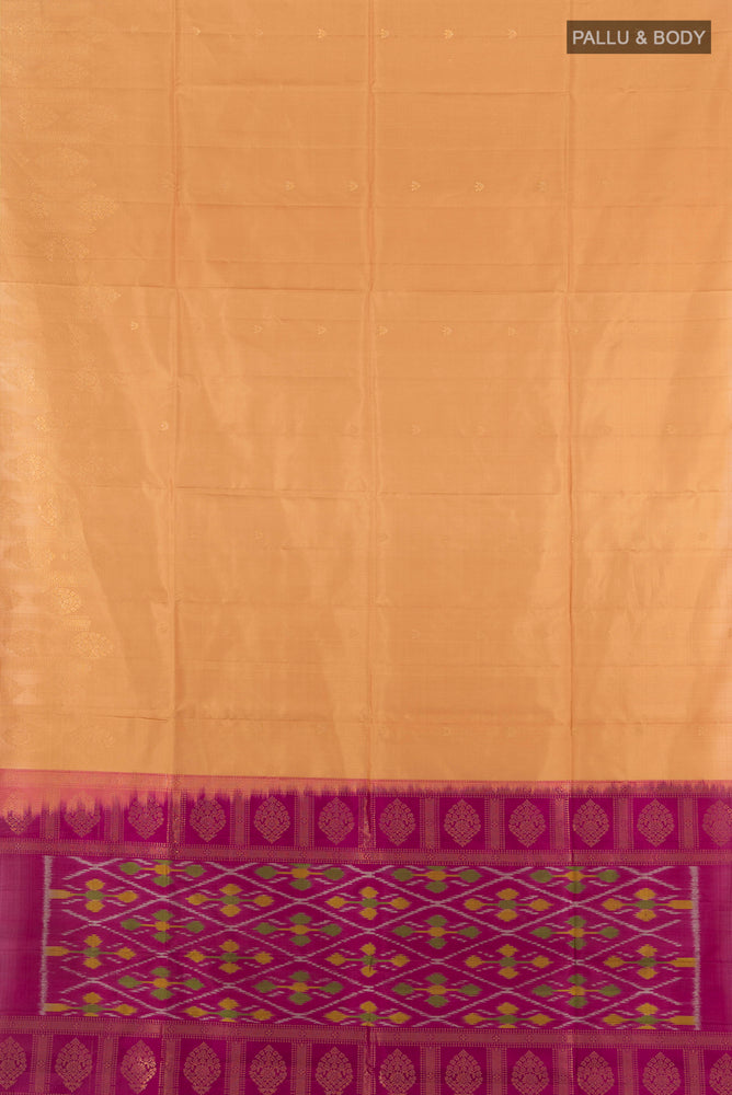 Flat view of Pure Silk Pure Zari Dark Beige Soft Saree with Zari Butta on the body and Silk Border. 