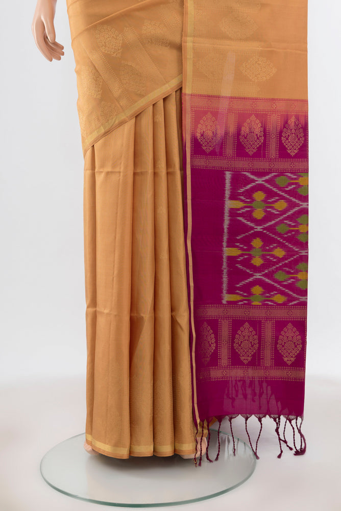 Pleats and pallu of Pure Silk Pure Zari Dark Beige Soft Saree with Zari Butta on the body and Silk Border. 
