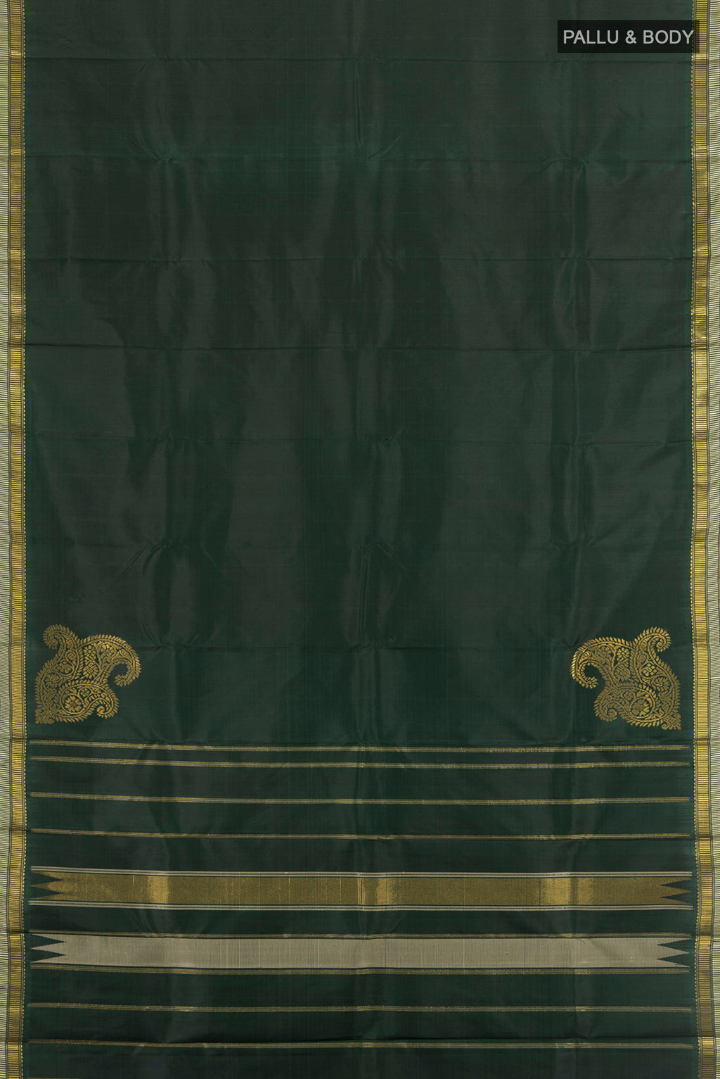 Flat view of Bottle Green Kanchipuram Silk Saree with Plain Body and Zari Border. 