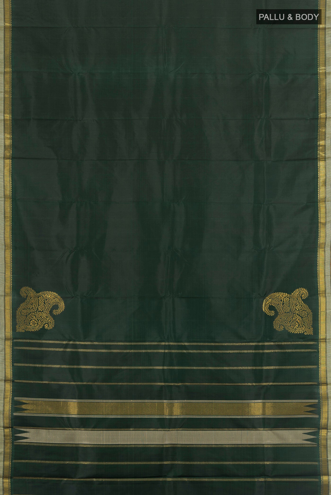 Flat view of Bottle Green Kanchipuram Silk Saree with Plain Body and Zari Border. 
