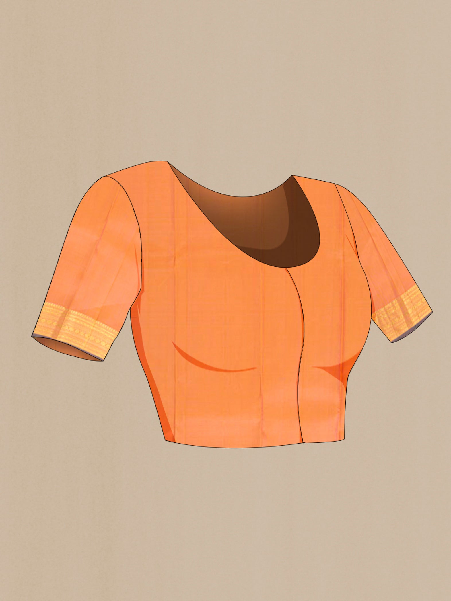 Close up image of the blouse of Peach Dual Tone Kanjivaram Silk Saree with Zari Butta on the body and Zari Border. 