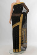 Black Chanderi Cotton Saree with Zari Butta on the body and Zari Border.  displayed on a mannequin
