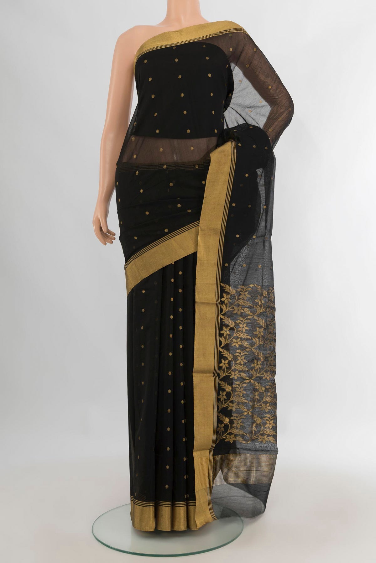 Black Chanderi Cotton Saree with Zari Butta on the body and Zari Border.  displayed on a mannequin