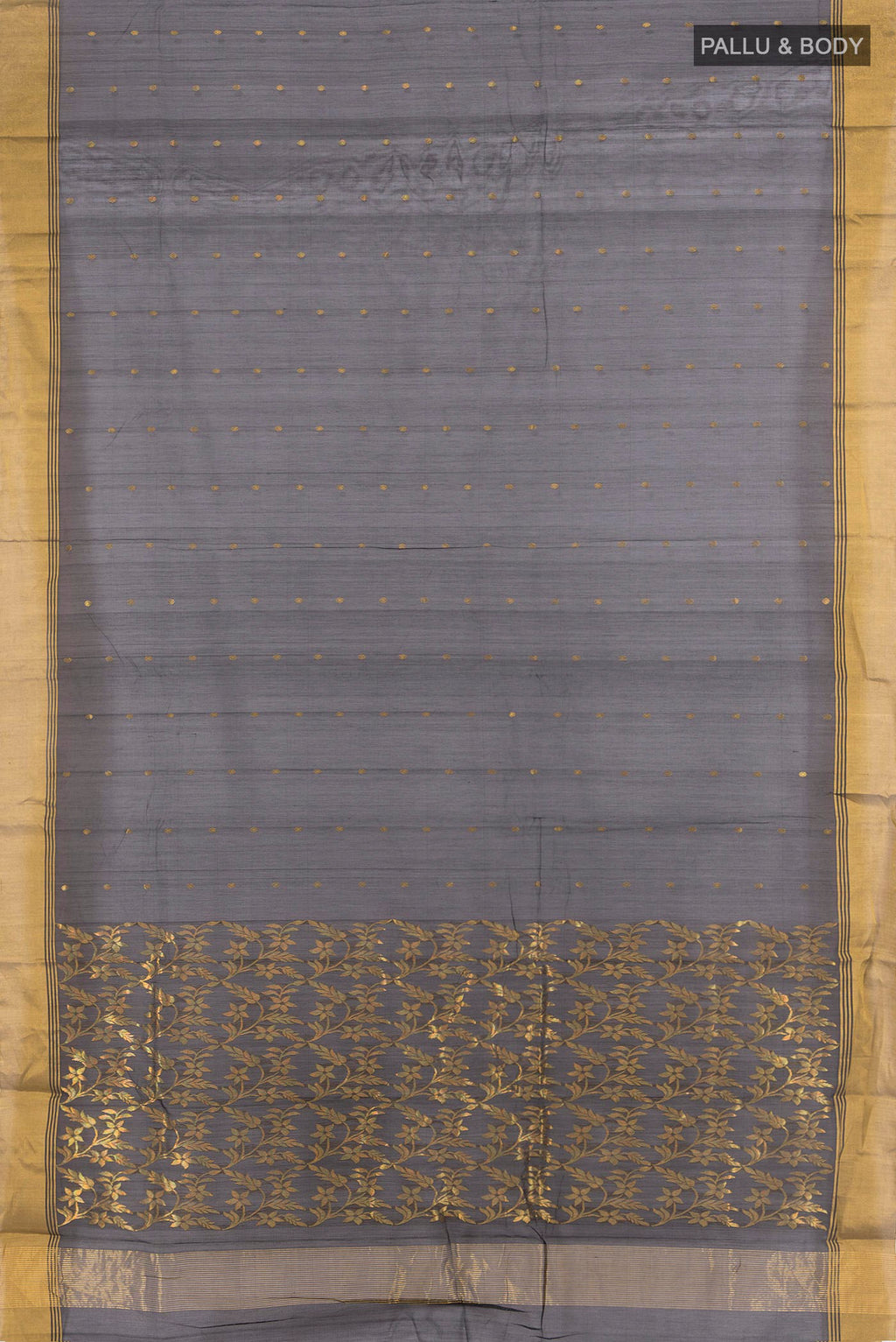 Flat view of Black Chanderi Cotton Saree with Zari Butta on the body and Zari Border. 