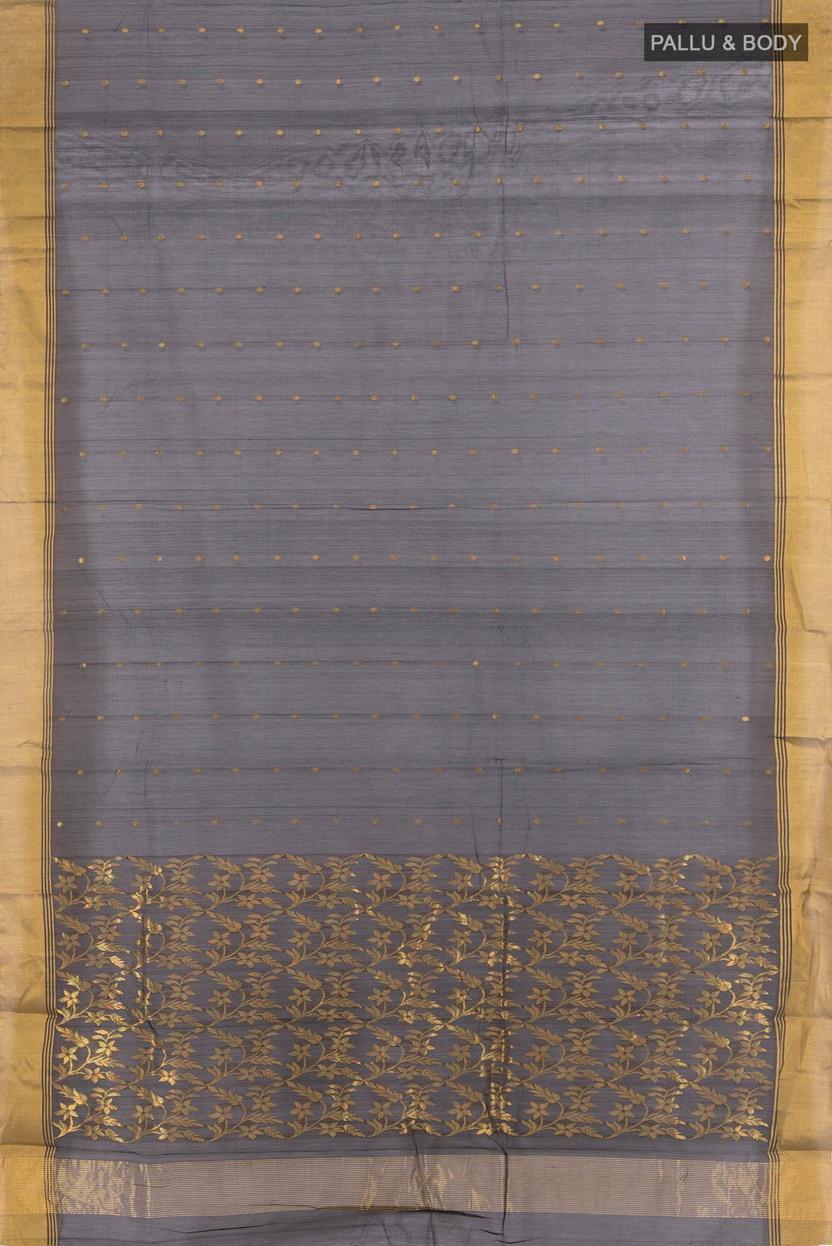 Flat view of Black Chanderi Cotton Saree with Zari Butta on the body and Zari Border. 