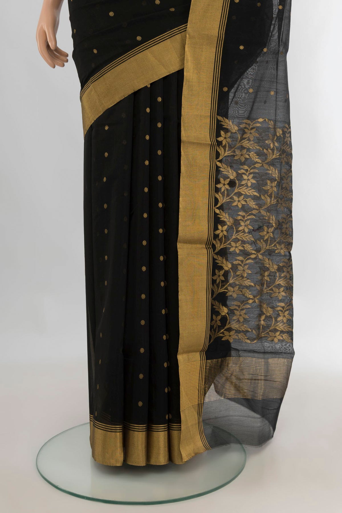 Pleats and pallu of Black Chanderi Cotton Saree with Zari Butta on the body and Zari Border. 
