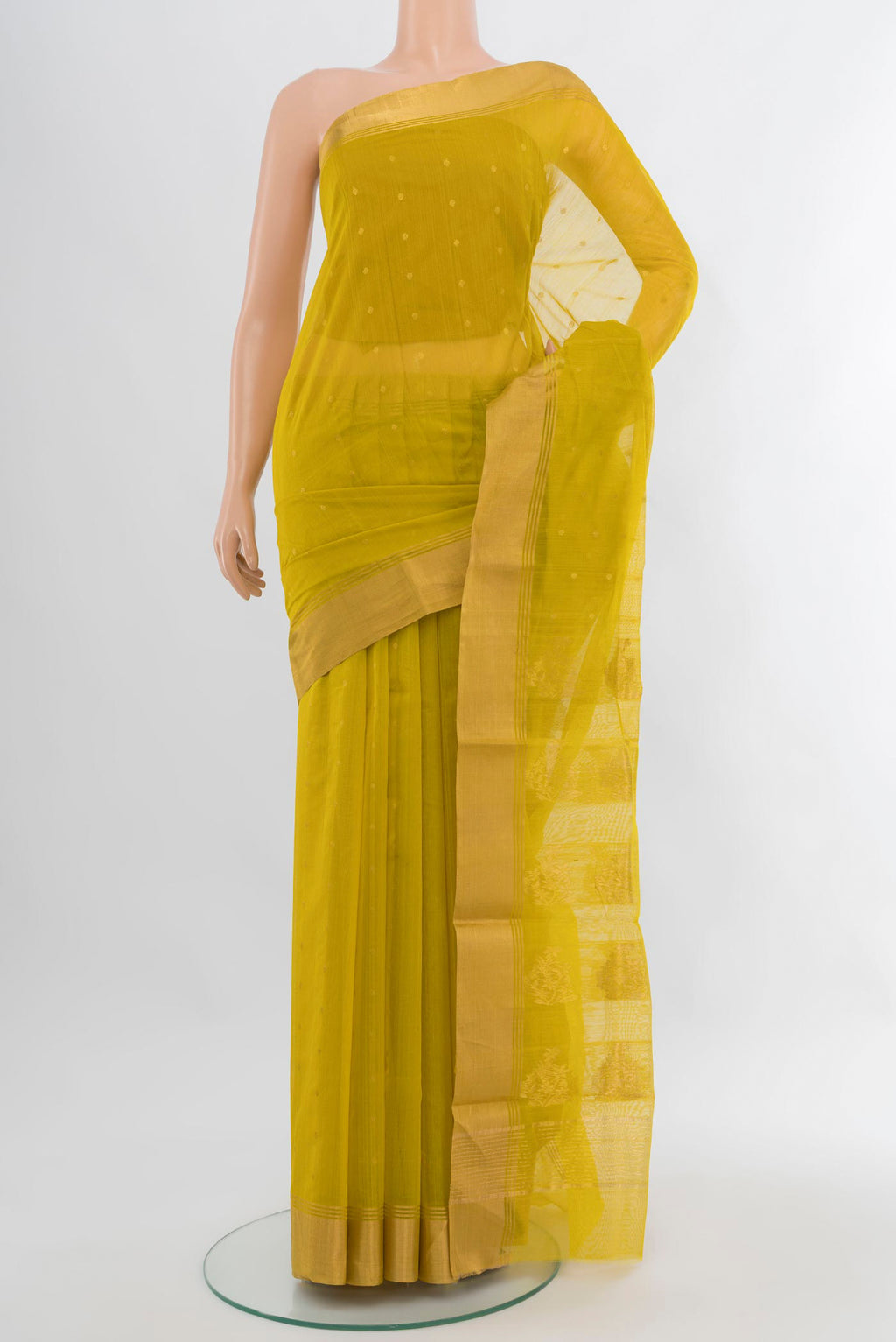 Lemon Yellow Chanderi Silk Cotton Saree with Zari Butta on the body and Zari Border.  displayed on a mannequin