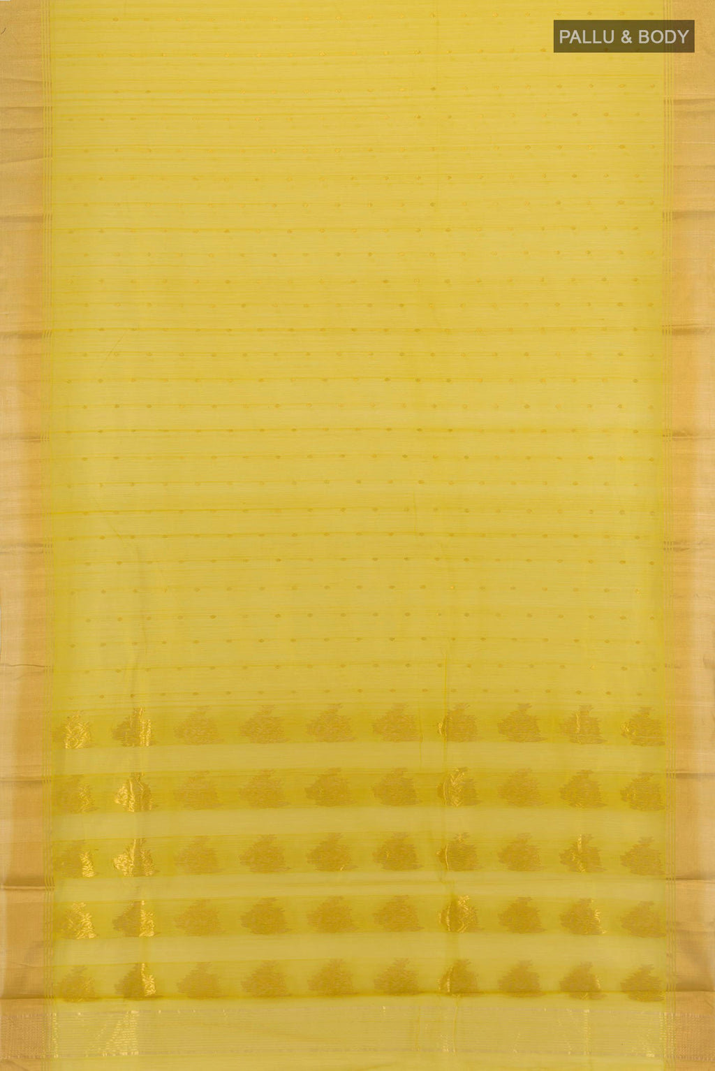 Flat view of Lemon Yellow Chanderi Silk Cotton Saree with Zari Butta on the body and Zari Border. 