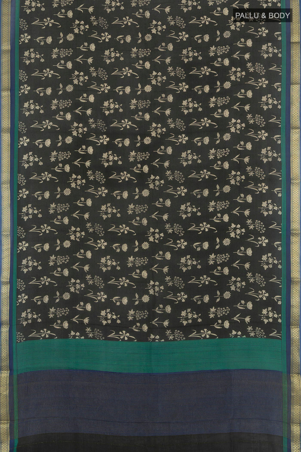 Flat view of Black Mysore Crepe Saree with Floral Print on the body and Zari Border. 