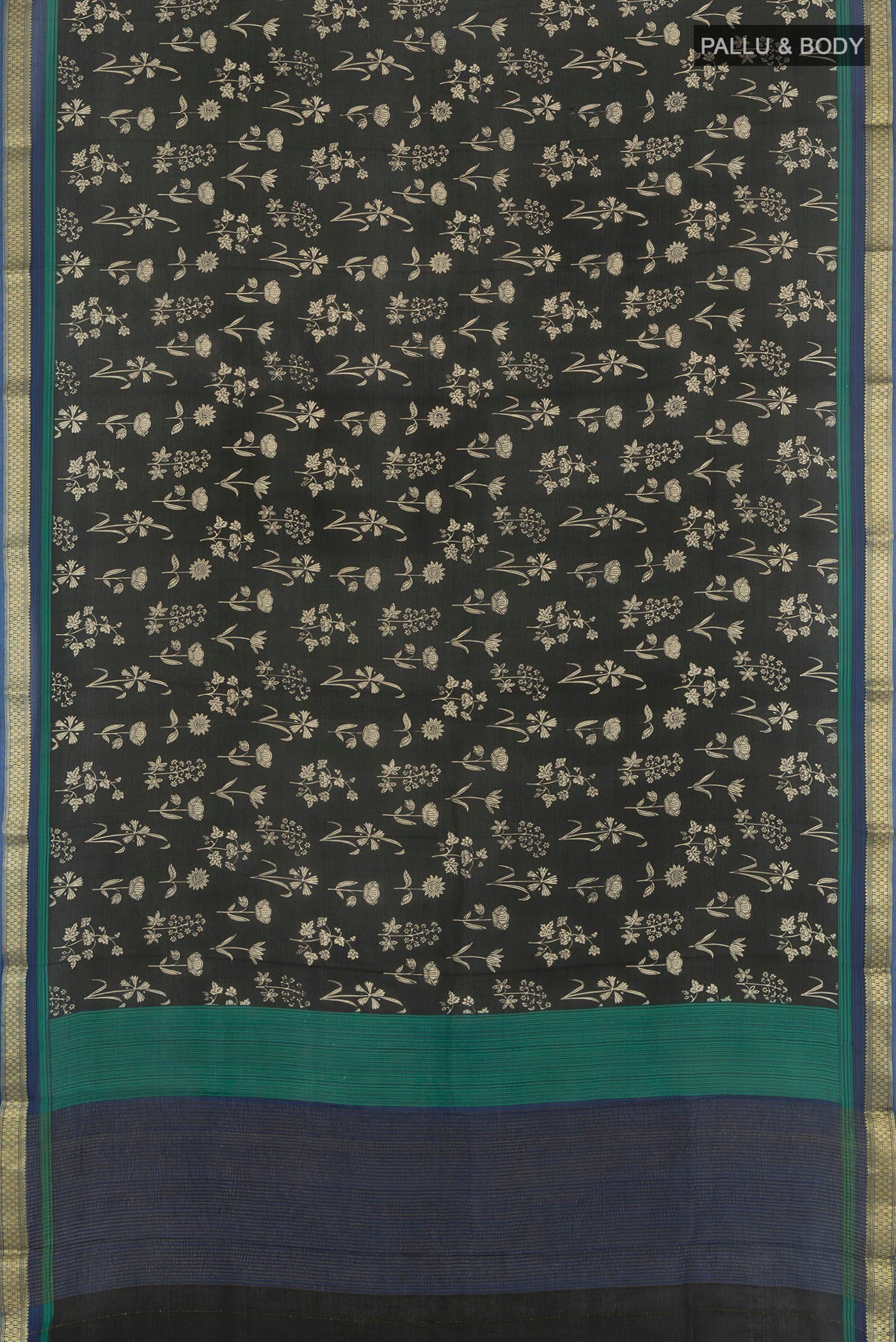 Flat view of Black Mysore Crepe Saree with Floral Print on the body and Zari Border. 