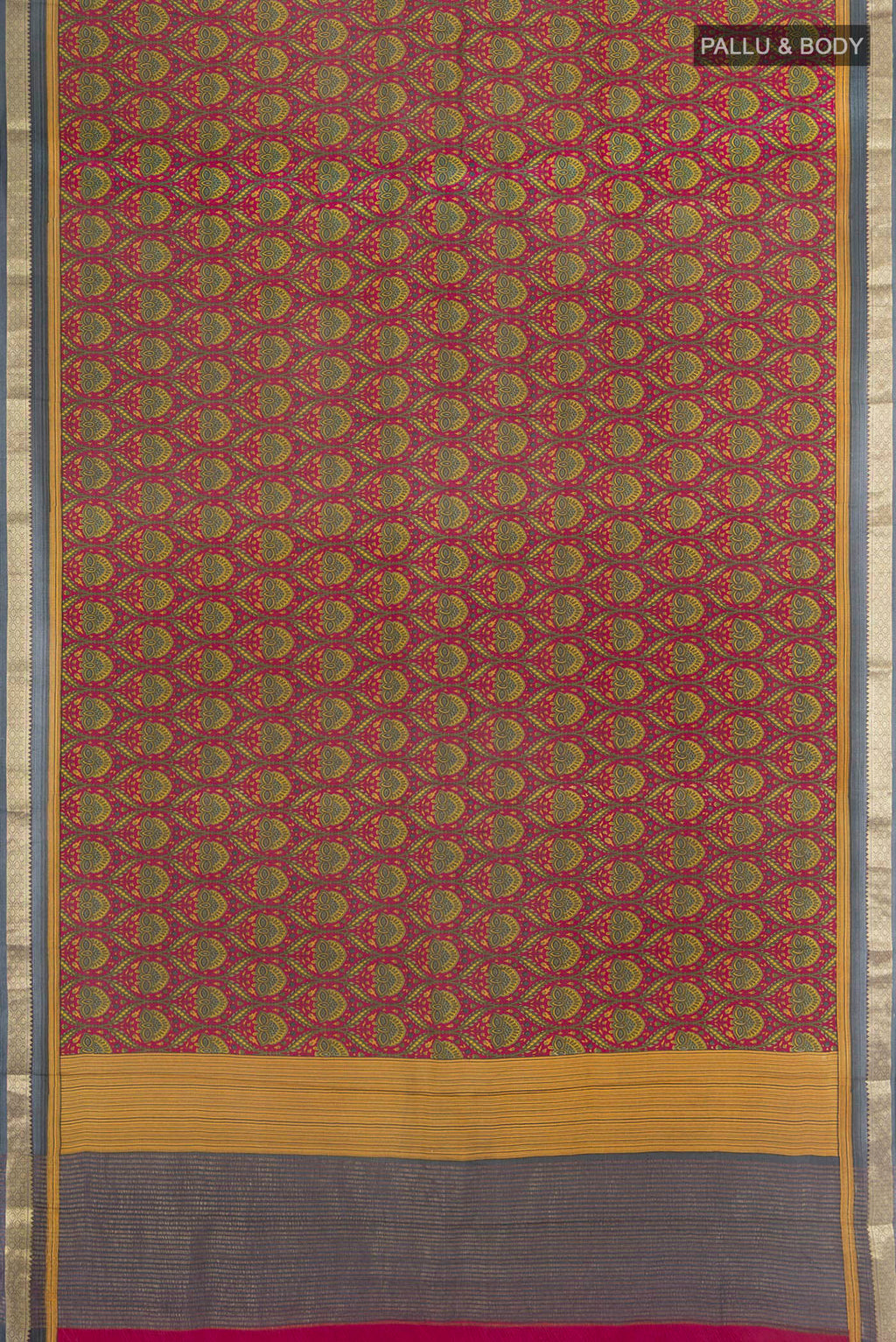 Flat view of Dark Pink Crepe Saree with Floral Print on the body and Zari Border. 