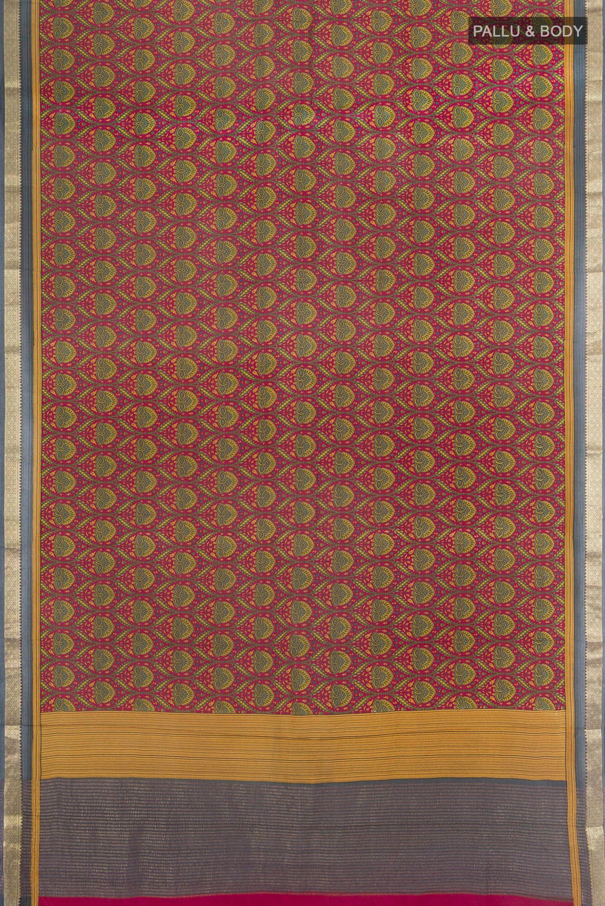 Flat view of Dark Pink Crepe Saree with Floral Print on the body and Zari Border. 