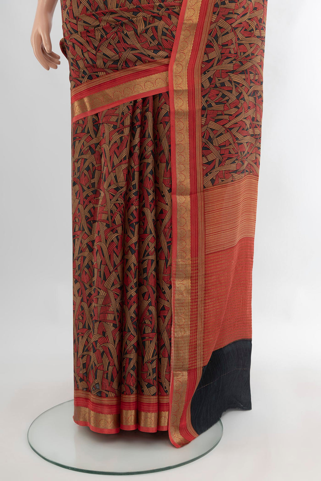 Pleats and pallu of Multi Color Crepe Saree with Floral Print on the body and Zari Border. 