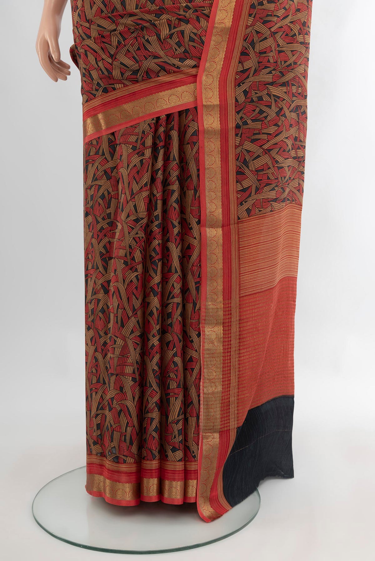 Pleats and pallu of Multi Color Crepe Saree with Floral Print on the body and Zari Border. 