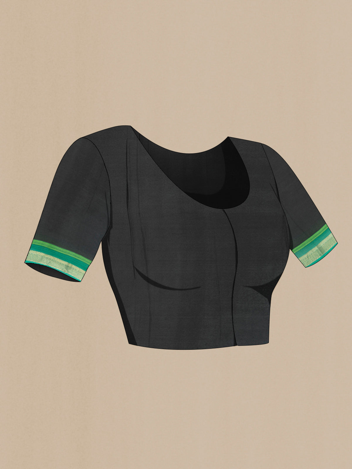 Close up image of the blouse of Black Crepe Saree with Printed design on the body and Zari Border. 