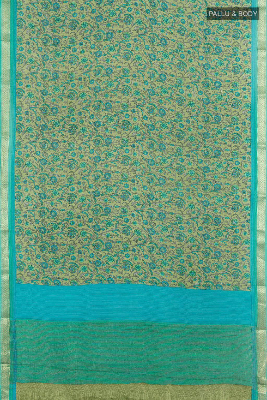 Flat view of Multi Color Mysore Crepe Saree with Floral Print on the body and Zari Border. 