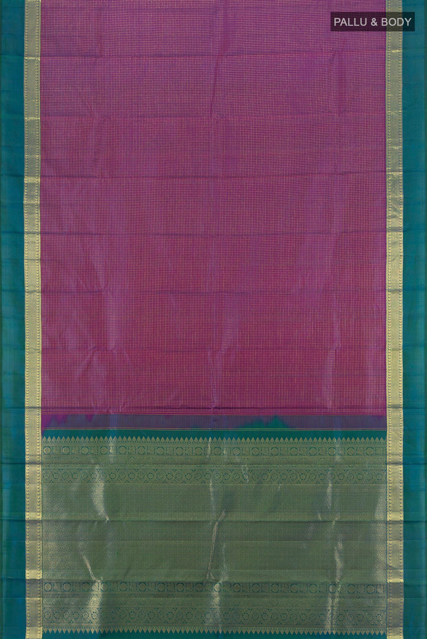 Flat view of Purple Kanjivaram Silk Saree with Checked design on the body and Zari Border. 
