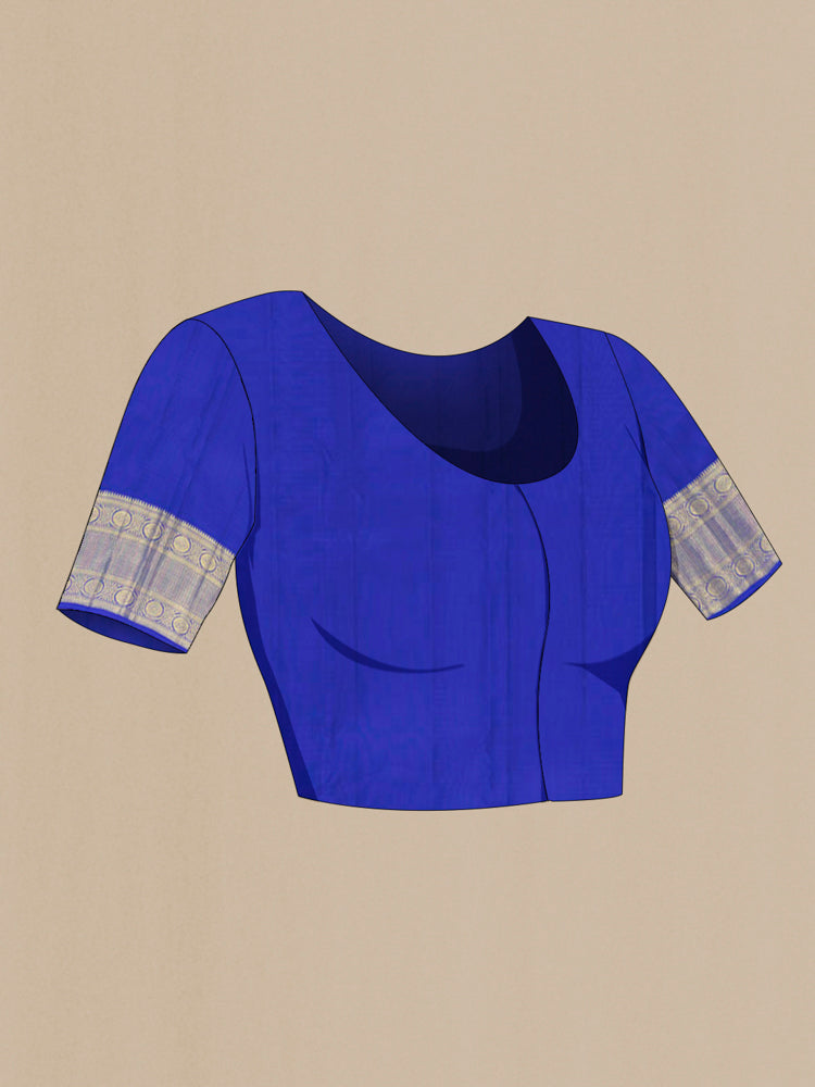 Close up image of the blouse of Purple Kanjivaram Silk Saree with Zari Butta on the body and Silk Border. 