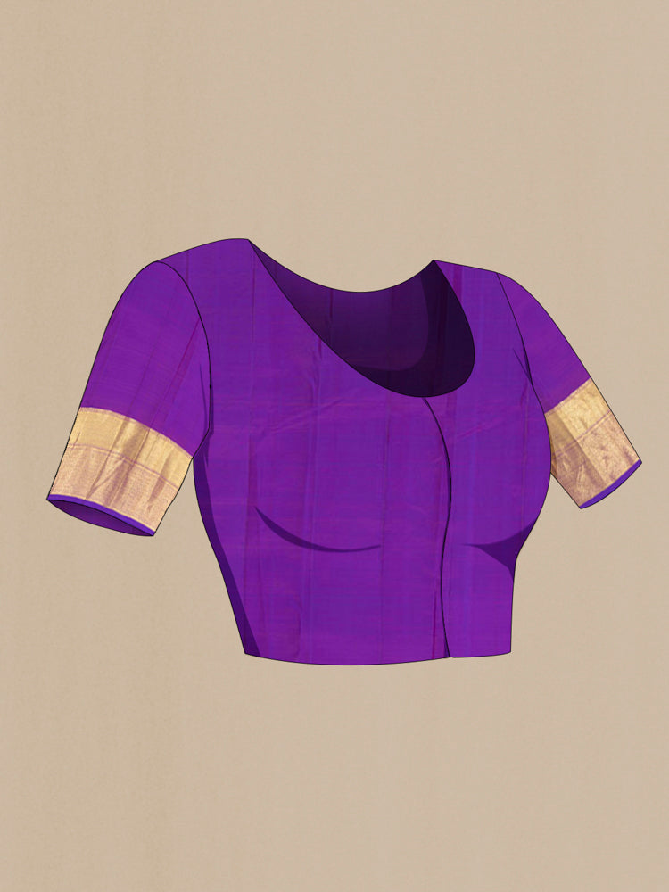 Close up image of the blouse of Violet Kanjivaram Silk Saree with Zari Butta on the body and Silk Border. 